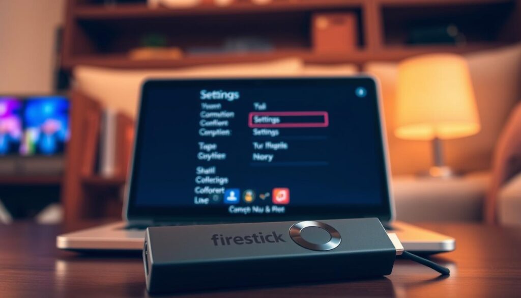 A Firestick device displayed prominently in the foreground, its sleek black casing and prominent HDMI connector clearly visible. In the middle ground, a laptop or tablet displaying the Firestick's settings menu, showcasing the various configuration options. The background is softly blurred, creating a sense of depth and focus on the Firestick and its settings. The lighting is warm and natural, creating a cozy, inviting atmosphere. The overall composition suggests a tutorial or guide on setting up a Firestick for media consumption.