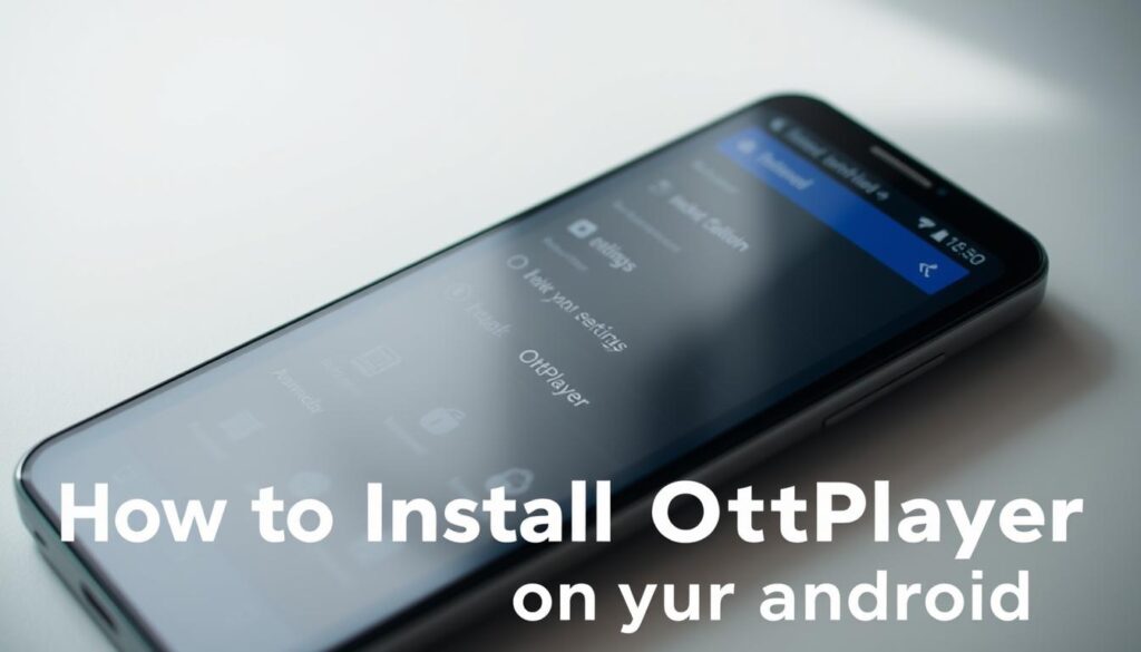 A clean, minimalist android smartphone screen displaying the OttPlayer app interface, with a sleek, modern design. The screen is well-lit, with soft, natural lighting from the side, creating depth and shadows. The UI elements are crisp and clear, showcasing the app's various functions and settings. The background is a simple, neutral tone, allowing the app interface to be the focal point. The overall composition is balanced and aesthetically pleasing, reflecting the instructional nature of the section on installing OttPlayer on an android device.
