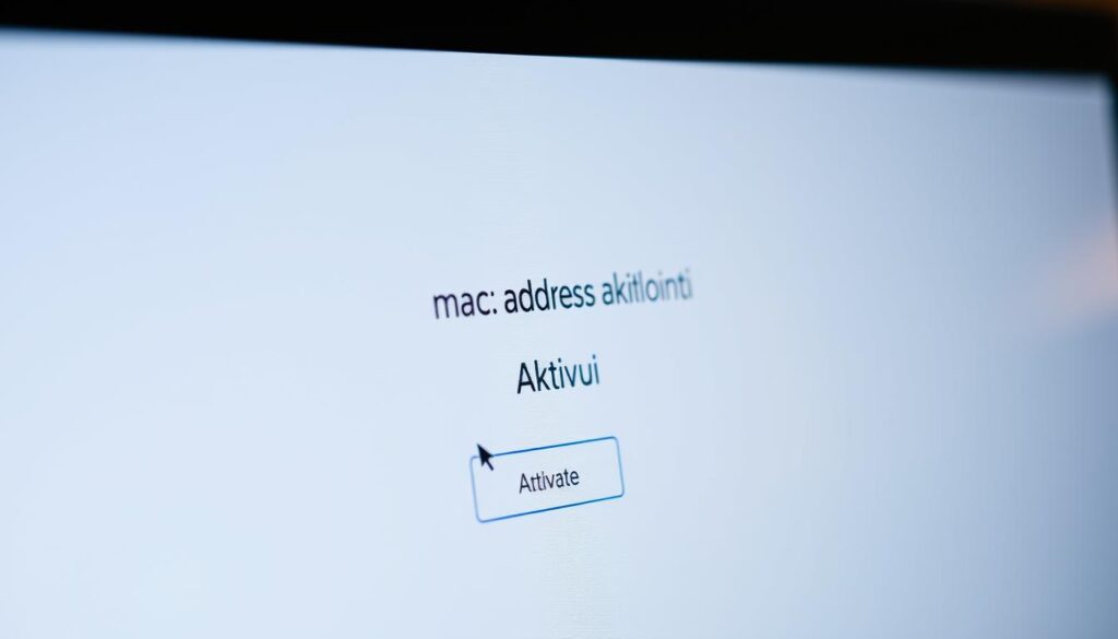 A close-up view of a computer screen displaying the "mac address aktivointi" process. The screen is well-lit, with a soft, warm lighting that illuminates the interface elements. The interface features a clean, minimalist design with a neutral color palette, allowing the key information to stand out. The cursor hovers over the "Aktivoi" or "Activate" button, indicating the final step in the activation process. The image conveys a sense of simplicity and user-friendliness, reflecting the step-by-step nature of the installation and activation instructions.