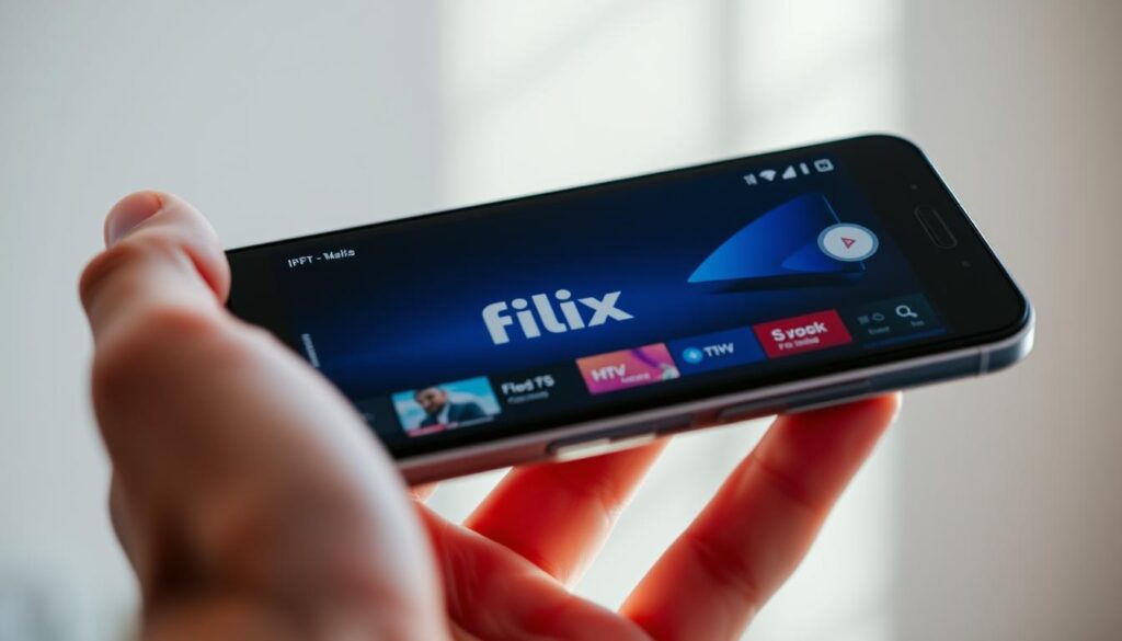 A close-up view of an Android smartphone screen displaying the Flix IPTV application. The device is held in a hand, showcasing the intuitive interface and user-friendly design. The screen depicts the main menu or homepage of the Flix IPTV app, highlighting its key features and functionality. The lighting is soft and natural, creating a clean and inviting atmosphere. The angle is slightly tilted to provide a clear and engaging perspective, drawing the viewer's attention to the details of the application. The overall mood is one of simplicity, accessibility, and the seamless integration of Flix IPTV into the Android ecosystem.