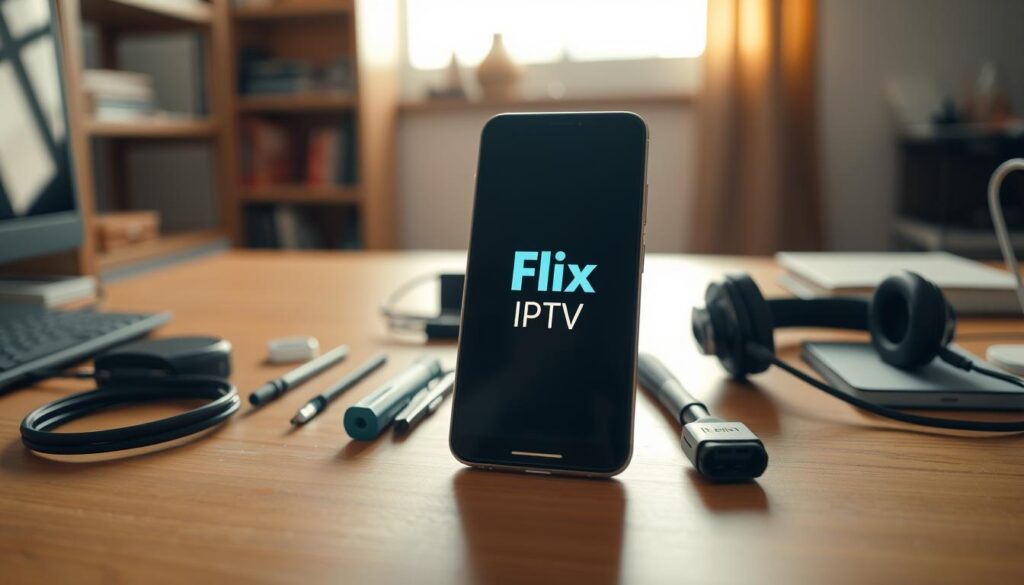 A cozy Android device setup scene, with a smartphone in the foreground sitting on a wooden desk surface. The phone's screen displays the Flix IPTV logo, hinting at the installation process. In the middle ground, various tools and accessories are neatly arranged, suggesting preparation for the installation - a USB cable, a screwdriver, and a pair of headphones. The background features a softly blurred bookshelf, adding a sense of a home office environment. Warm, natural lighting from a window casts a gentle glow, creating a calm and focused atmosphere for the upcoming Android device setup.