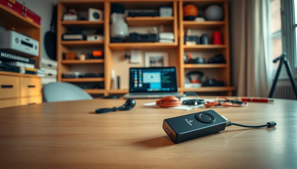 A cozy home workspace with a well-organized array of essential FireStick setup items. In the foreground, a FireStick device rests atop a clean wooden desk, accompanied by a sleek remote control and a set of colorful cables. The middle ground features a laptop or tablet displaying instructions, while the background showcases shelves stocked with additional electronic components and neatly organized tools. The scene is illuminated by a combination of warm, indirect lighting and natural daylight filtering through a window, creating a calm and focused atmosphere. The overall composition conveys a sense of preparedness and attention to detail for the FireStick installation process.