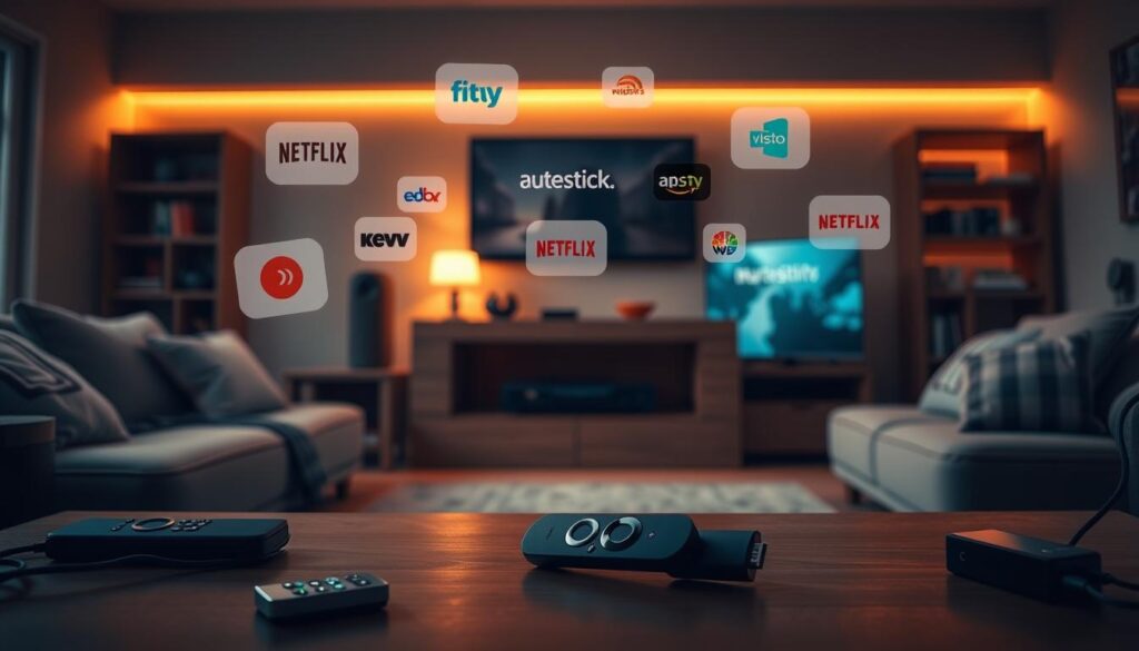 A cozy living room setup with a prominent Amazon Firestick device and various IPTV service icons floating in the air, illuminated by warm, ambient lighting. The scene exudes a sense of anticipation and preparation, hinting at the user's imminent journey into the world of streaming entertainment. The Firestick stands as the central focus, surrounded by a minimalist yet inviting arrangement of remote controls, cables, and other connectivity accessories, all meticulously organized. The IPTV service icons, rendered with a subtle, ethereal quality, suggest the user's exploration of different content sources and the integration of these services with the Firestick platform.