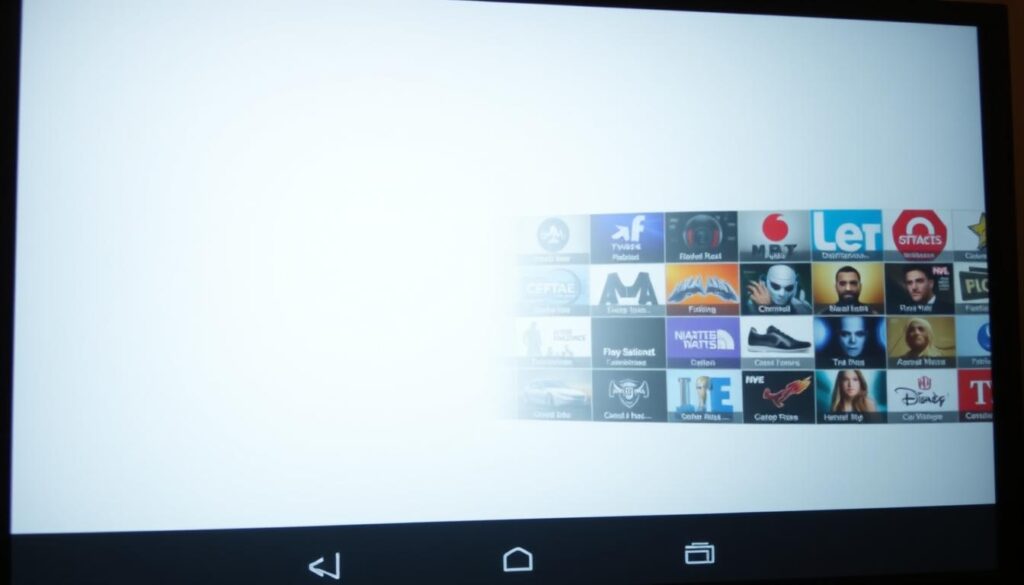 A detailed and sleek Android interface for an M3U IPTV player, with a clean and intuitive layout. The foreground features the main player controls, including buttons for playback, volume, and channel selection. The middle ground showcases a grid of channel thumbnails, each with clear visual identifiers. The background subtly fades into a soft, neutral tone, allowing the interface elements to stand out. The lighting is soft and evenly distributed, creating a professional and polished aesthetic. The camera angle is slightly elevated, providing a comprehensive view of the player's functionality and design.
