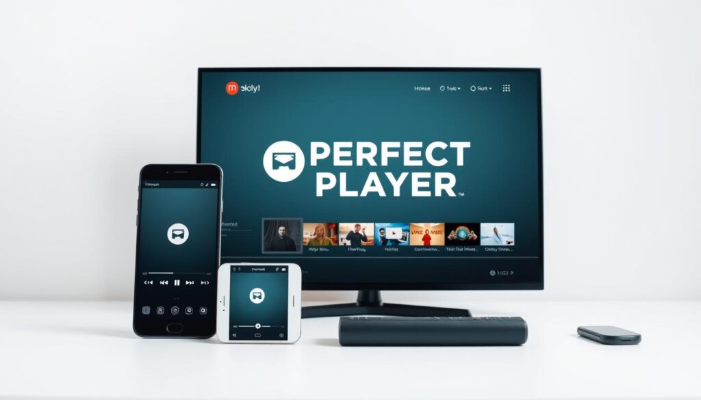 A detailed set of devices, including a smartphone, tablet, and smart TV, arranged neatly on a minimalist white background. The devices are positioned to showcase the Perfect Player app's compatibility across different platforms. Soft, diffused lighting creates an inviting and informative atmosphere, highlighting the versatility of the media player software. The composition emphasizes the seamless integration of Perfect Player, conveying its ability to work effortlessly on a variety of modern electronics. The overall scene exudes a sense of simplicity, professionalism, and technological prowess.