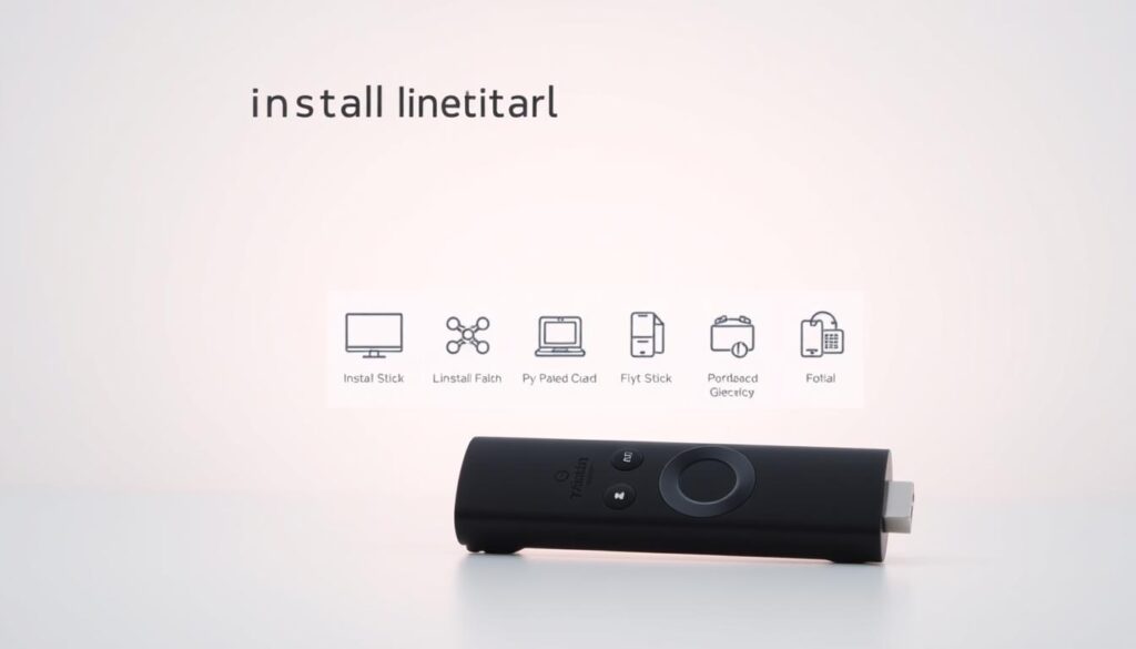 A detailed step-by-step guide on installing OttPlayer on a firestick device. The image shows a clean, minimalist setup with the firestick device prominently displayed in the center foreground, against a neutral background. The firestick is illuminated with soft, natural lighting, capturing its sleek design and features. In the middle ground, various installation steps are depicted through simple icons or illustrations, guiding the viewer through the process. The overall composition and color palette convey a sense of clarity, simplicity, and ease of use, reflecting the straightforward nature of the installation process.