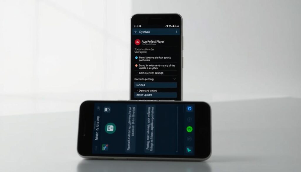 A detailed step-by-step guide on installing the Perfect Player app on an Android smartphone. The image shows the various stages of the installation process, from downloading the app to completing the setup. The foreground depicts the smartphone screen displaying the Perfect Player app interface, with clear icons and intuitive menu options. The middle ground showcases the progression of the installation, including any necessary permissions or configuration settings. The background features a clean, minimalist environment, conveying a sense of simplicity and ease of use. The lighting is soft and natural, highlighting the details of the smartphone and the app interface. The overall mood is one of accessibility and user-friendliness, reflecting the core purpose of the Perfect Player app.