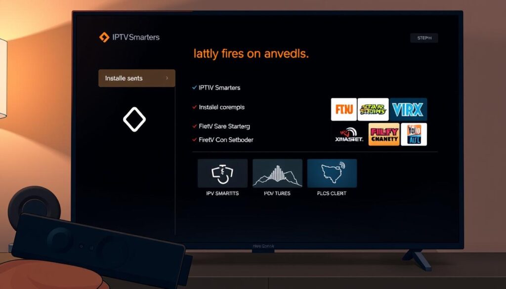 A detailed step-by-step illustration of installing IPTV Smarters on a FireStick device. A modern and sleek FireStick interface dominates the frame, showcasing the installation process through intuitive on-screen menus and visual cues. The scene is well-lit, with a subtle warm tone that creates a sense of clarity and ease of use. The camera angle is slightly elevated, providing an optimal view of the FireStick's user interface. The overall composition conveys a straightforward and user-friendly experience, making the installation process accessible and approachable for the viewer.