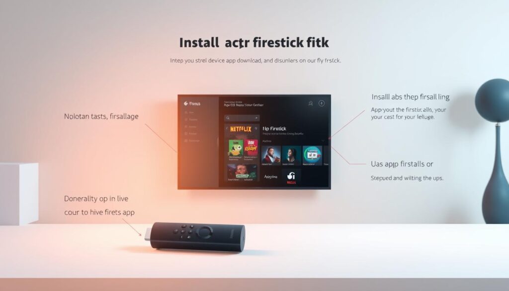 A detailed step-by-step illustration of the app installation process on a Firestick device. Set against a modern, minimalistic background, the foreground features the Firestick interface with a focus on the app download and installation stages. Soft, diffused lighting creates a clean, crisp atmosphere, while carefully composed angles and perspectives guide the viewer's attention to the key steps. The overall aesthetic is professional, informative and easy to follow, reflecting the instructional nature of the content.
