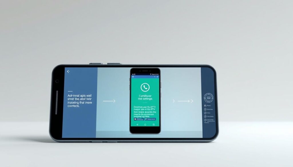 A detailed, step-by-step instruction manual depicting the installation process of the GSE Smart IPTV application on an Android smartphone. Shown in a clear, technical illustration style with a clean, minimal background. The foreground should include crisp, high-resolution visuals of the smartphone screen displaying the various stages of the installation, from downloading the app to configuring the settings. The middle ground should feature a sleek, modern Android device rendered in high detail. The background should be a plain, uncluttered studio setup with soft, even lighting to maintain focus on the instructional content. The overall mood should convey a sense of simplicity and ease of use, guiding the viewer through the installation seamlessly.