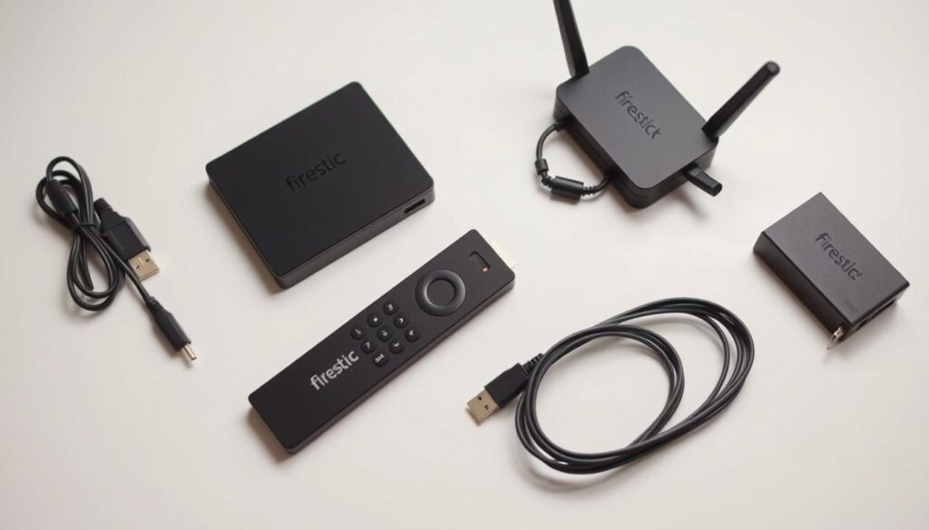 A detailed, well-lit image of a FireStick remote control, an Android TV box, and a collection of essential setup tools and accessories, including a USB cable, HDMI adapter, and WiFi router. The FireStick and its accessories are arranged neatly on a minimalist, light-colored surface, creating a clean and organized composition. The overall scene conveys a sense of preparedness and technical proficiency, perfectly suited to illustrate the "Tarvittavat valmistelut FireStickille" section of the article.