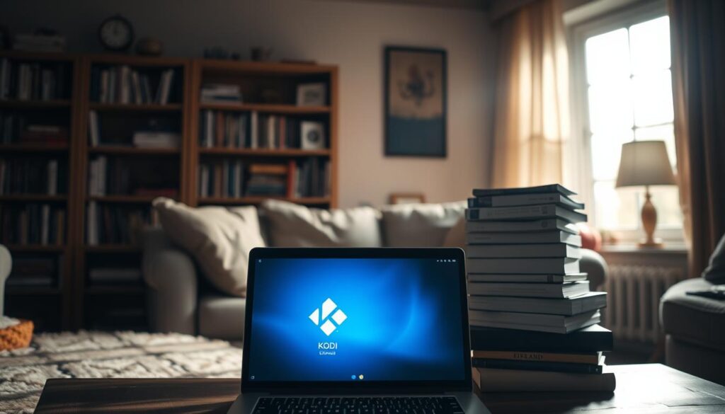 A dimly lit living room in a cozy Finnish home, showcasing the legal landscape surrounding Kodi, the popular media center software. The foreground features a laptop displaying Kodi's user interface, its blue and white design elements contrasting with the warm, muted tones of the room. In the middle ground, a stack of legal books and documents suggests the complex legal considerations around Kodi's use. The background reveals a bookshelf filled with more legal resources, creating a sense of depth and the weight of the subject matter. Soft, indirect lighting casts subtle shadows, evoking a contemplative atmosphere as the viewer ponders the intersection of technology, legality, and home entertainment in Finland.