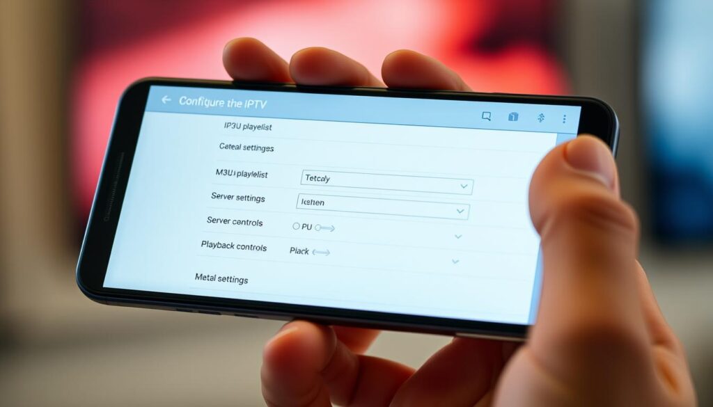 A high-quality, detailed image of an Android smartphone screen displaying an IPTV setup interface. The screen shows a clean, modern UI with various options and settings for configuring an IPTV player, including M3U playlist management, server settings, and playback controls. The smartphone is held in an ergonomic hand grip, and the overall scene has a warm, inviting lighting setup that highlights the intuitive, user-friendly design of the IPTV app. The image conveys a sense of ease and simplicity in setting up IPTV on an Android device.