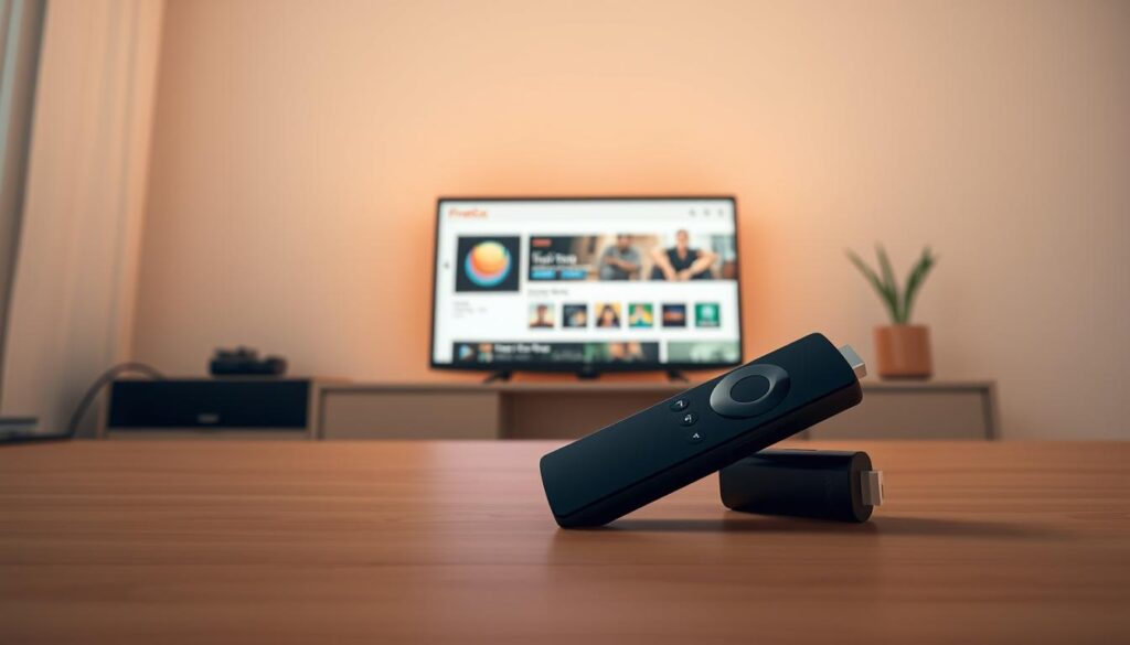 A high-resolution, detailed digital illustration of a Firestick device with the Downloader app interface prominently displayed on the screen. The Firestick is shown in the foreground, with a clean, minimalist background that focuses the viewer's attention on the device and app. The Downloader app interface should be clearly visible, showcasing its user-friendly design and functionality. The lighting should be soft and natural, creating a warm, inviting atmosphere. The camera angle should be slightly elevated, giving a clear, unobstructed view of the Firestick and its screen. The overall scene should convey a sense of simplicity, efficiency, and the ease of installing apps on a Firestick device.