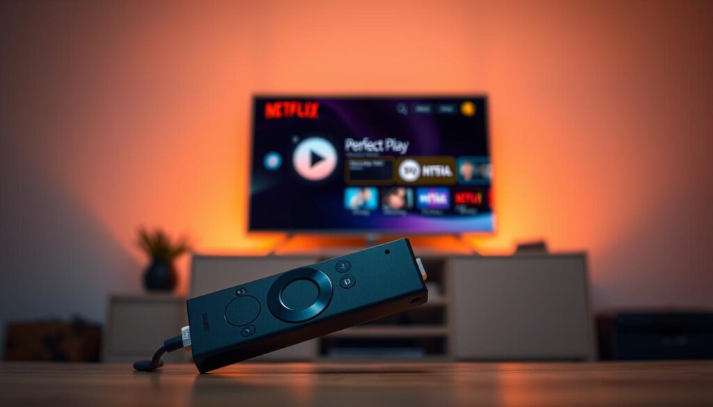 A high-resolution, detailed image of a firestick device, positioned prominently in the foreground, with a clear, crisp display showcasing the Perfect Player software interface. The firestick should be illuminated by warm, soft lighting, creating a welcoming and inviting atmosphere. The background should be blurred, with subtle gradients or textures to provide a clean, minimalist aesthetic. The overall composition should convey a sense of simplicity, ease of use, and the user-friendly nature of the Perfect Player software on the firestick device.