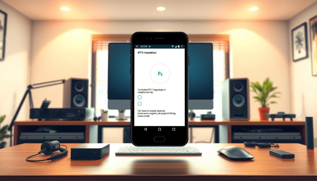 A high-resolution, digital illustration of the necessary preparations and requirements for setting up an IPTV system on a Windows-based Android smartphone. The scene depicts a well-lit, modern home office with a desk, computer monitor, and various technical devices and accessories in the foreground. In the middle ground, a smartphone is prominently displayed, showcasing the process of IPTV installation. The background features a clean, minimalist interior design with hints of warm, natural lighting filtering through the windows. The overall mood is informative, technical, and visually appealing, reflecting the informative nature of the article's section on "Valmistelutoimet ja vaatimukset".