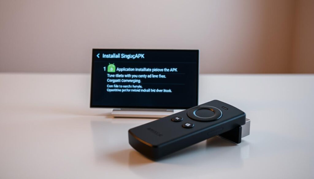 A high-resolution photograph of an Amazon Firestick remote control with the screen displaying the installation process of an APK file, showcasing the steps to sideload the application. The Firestick is positioned on a clean, neutral-toned surface, illuminated by soft, directional lighting that accentuates the details of the device and the on-screen interface. The composition features the Firestick remote in the foreground, with the installation screen in focus, surrounded by a blurred background that suggests a modern, minimalist setting. The overall mood is one of simplicity and ease of use, conveying the straightforward nature of the installation process.