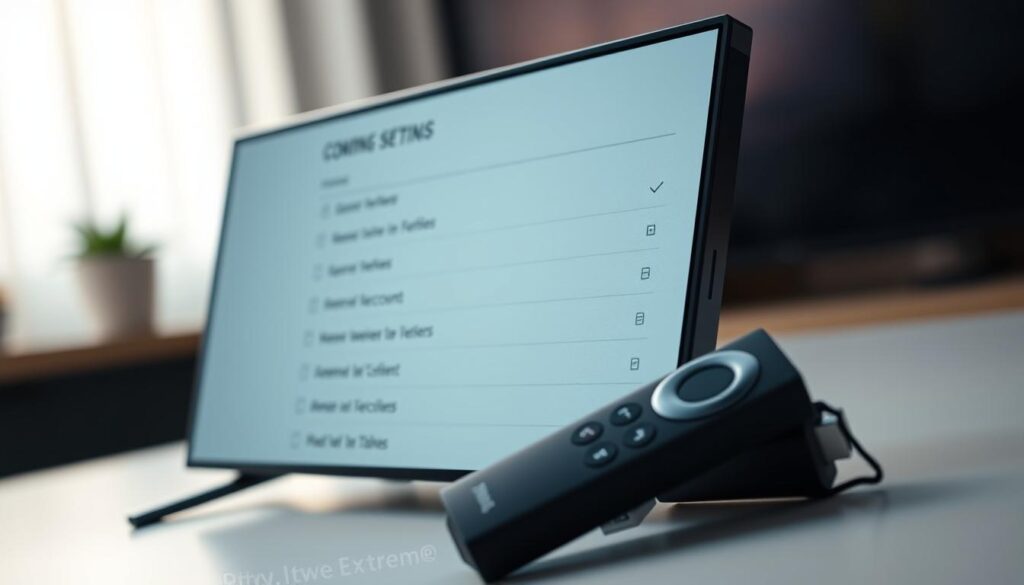 A minimalist and clean-looking image of the Amazon Firestick's user interface and settings screen, captured from a side angle with a shallow depth of field. The display shows various configuration options such as network, account, and app settings, all presented in a simple, easy-to-navigate layout. The screen is well-lit, with a soft, warm lighting that creates a calm and professional atmosphere. The background is blurred, placing the focus entirely on the Firestick's interface. The overall composition conveys a sense of clarity and simplicity, reflecting the process of setting up the device for IPTV Extreme.