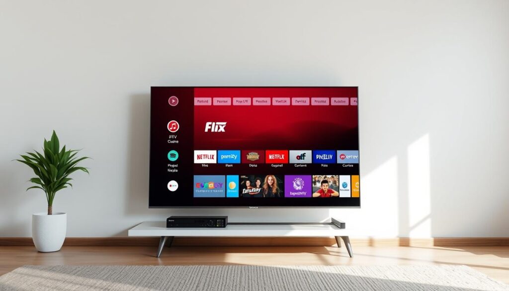 A modern, minimalist smart TV screen displaying the Flix IPTV Smarters app interface. The screen shows the app's main menu with clear icons and intuitive navigation options. The background is a clean, neutral color, allowing the app's vibrant branding to stand out. The scene is lit by a soft, natural light, creating a warm and inviting atmosphere. The camera angle is slightly elevated, providing a clear, unobstructed view of the TV screen. The overall composition is balanced and visually appealing, showcasing the simplicity and user-friendliness of the Flix IPTV Smarters app for smart TV installation.
