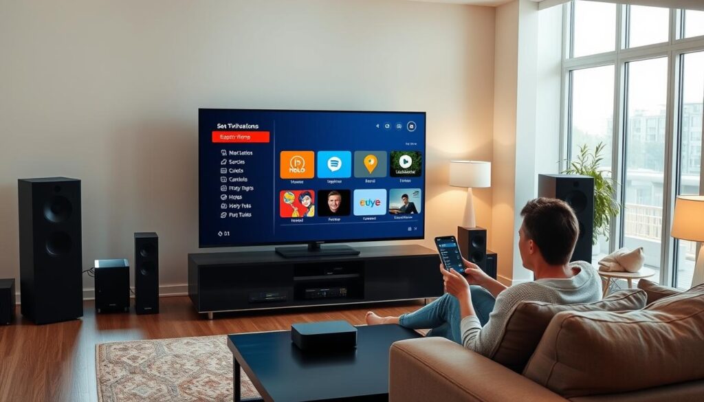 A modern, well-lit home entertainment setup with a sleek, minimalist design. In the foreground, a large, flat-screen smart TV displays the TiviMate app interface, its intuitive menu system and customizable settings visible. Surrounding the TV, high-end audio equipment, a streaming box, and other home theater components create a cohesive, tech-savvy environment. The middle ground features a person, casually seated on a comfortable couch, interacting with a tablet or smartphone to configure the TiviMate IPTV service. The background showcases a warm, inviting living room with large windows, allowing natural light to flood the space and create a sense of openness and tranquility. The overall atmosphere conveys a modern, user-friendly experience of setting up and enjoying the TiviMate app on a smart TV.