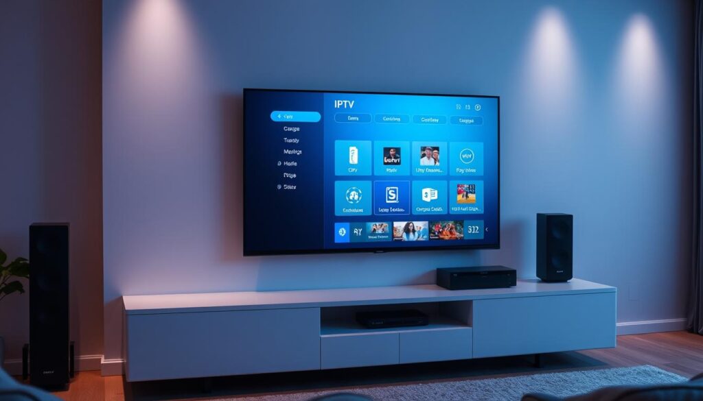 A serene and well-organized home theater setup, showcasing the Perfect Player media center interface on a large, high-definition TV screen. The interface displays intuitive menus and controls, allowing for seamless navigation of IPTV channels and on-demand content. The room is dimly lit, with soft ambient lighting accentuating the sleek, minimalist design of the entertainment system. The camera angle captures the setup from a slightly elevated perspective, emphasizing the harmony between the technology and the cozy, inviting atmosphere of the space.
