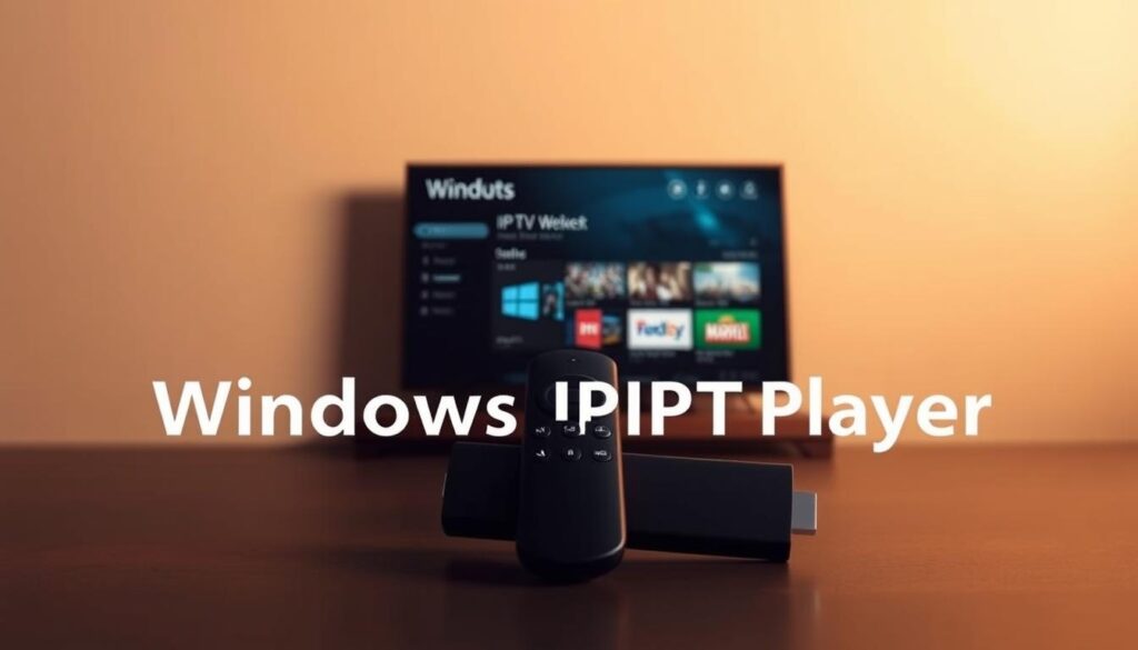 A sleek and modern Firestick device prominently displayed, showcasing the Windows IPTV Player software interface. The Firestick is positioned in the center, illuminated by warm, directional lighting that accentuates its sleek design. The background is a minimalist, neutral-toned setting, keeping the focus on the device and the software. The overall atmosphere conveys a sense of simplicity, efficiency, and technological prowess, aligning with the subject of installing the Windows IPTV Player on a Firestick.