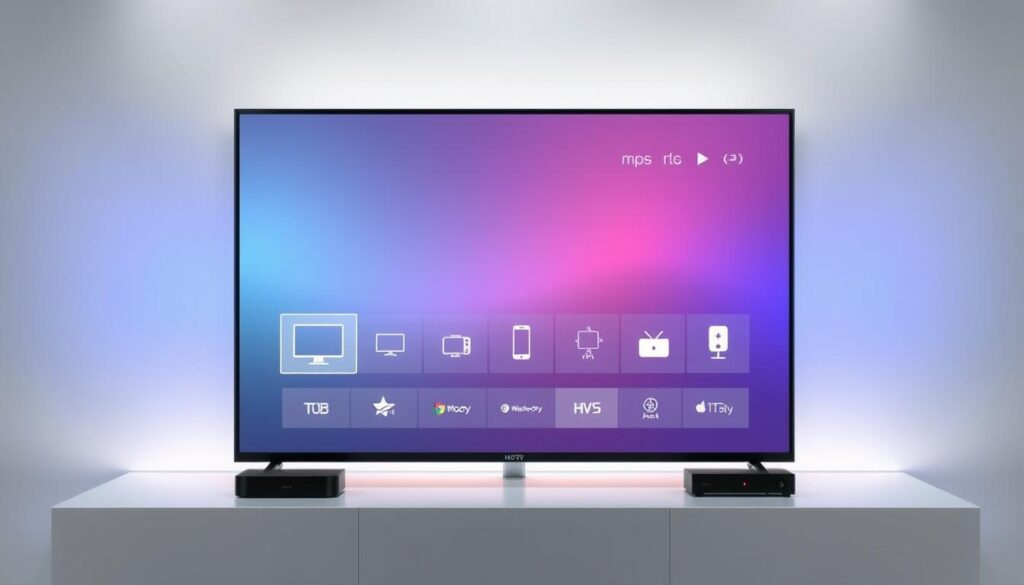A sleek, minimalist IPTV player interface showcasing its multiplatform support, with a clean and modern UI design. The screen displays various device icons, representing the player's cross-compatibility across different platforms and devices, such as smart TVs, mobile devices, and streaming boxes. The interface has a neutral color scheme, perhaps a combination of grays, whites, and subtle accents, creating a professional and streamlined aesthetic. The overall composition conveys the versatility and seamless integration of the IPTV player, highlighting its ability to provide a consistent viewing experience across multiple devices and environments.