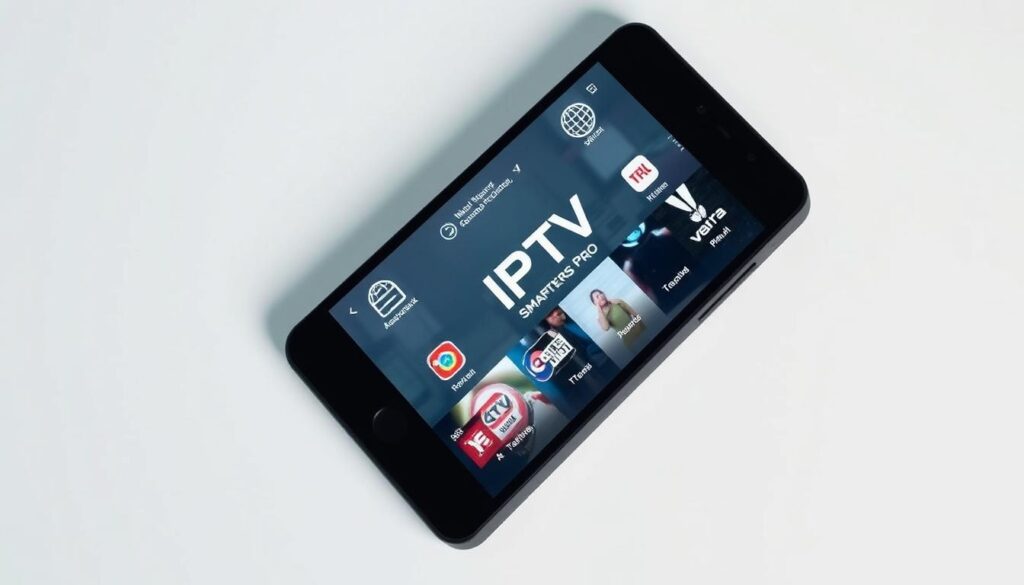 A sleek, minimalist android device prominently displayed on a simple white background, showcasing the IPTV Smarters Pro app interface on its screen. The device is rendered in high detail, with a matte black finish and clean lines. Soft, diffused lighting illuminates the scene, creating a sense of clarity and focus on the android's features. The composition is balanced, with the device centered and occupying the majority of the frame, conveying its importance as the subject. The overall mood is professional and informative, reflecting the instructional nature of the content.