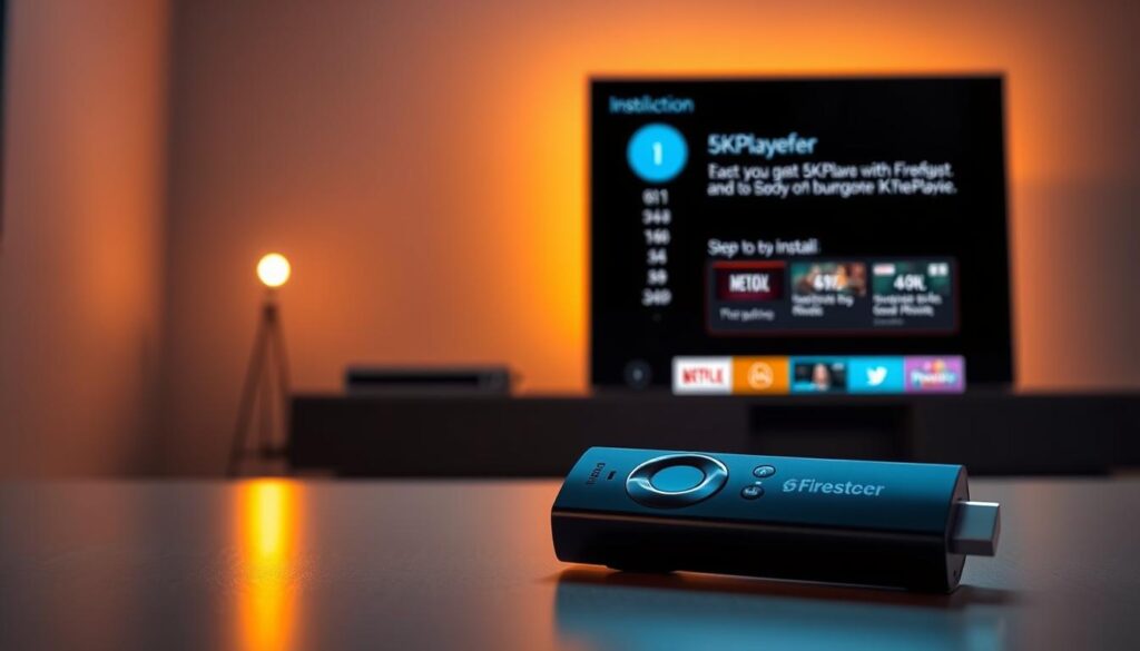 A sleek, modern Firestick device positioned prominently in the foreground, its glossy black exterior reflecting the warm glow of ambient lighting. In the middle ground, a set of intuitive on-screen instructions guide the user through the step-by-step installation process of the 5KPlayer media software, the interface displayed on a realistic, high-resolution screen. The background depicts a minimalist, technology-focused environment, hinting at the seamless integration of the Firestick and 5KPlayer within a modern home entertainment setup. The overall scene conveys a sense of simplicity, efficiency, and the user-friendly nature of the installation experience.
