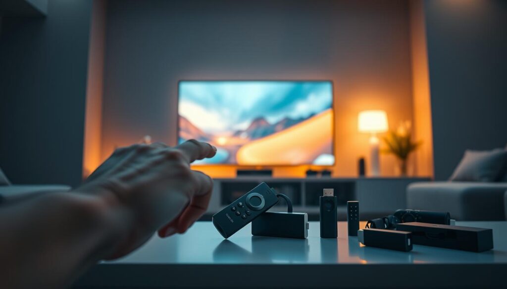 A sleek, modern home entertainment setup with a prominent Amazon Firestick prominently displayed, surrounded by various remote controls and streaming devices. The Firestick is the focal point, illuminated by warm, inviting lighting that creates a cozy, immersive atmosphere. In the foreground, a hand is reaching towards the Firestick, showcasing the intuitive installation process. The background features a minimalist, gray-toned living room setting, adding a touch of sophistication. The overall composition emphasizes the seamless integration of TiviMate into the Firestick ecosystem, inviting the viewer to explore the app's features and capabilities.