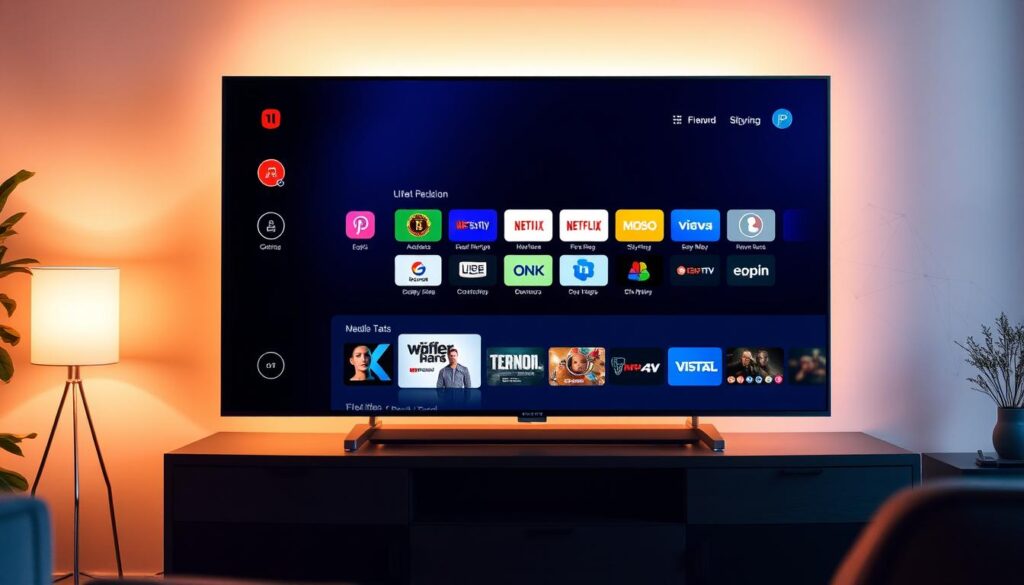 A sleek, modern smart TV display showcasing high-speed IPTV streaming capabilities. The screen features a clean, minimalist UI with crisp, vibrant visuals and smooth, responsive performance. The display is bathed in a warm, soft lighting that creates a cozy, living room atmosphere. In the foreground, various IPTV streaming apps and services are neatly arranged, highlighting their intuitive navigation and user-friendly design. The background features subtle, abstract patterns that evoke a sense of digital connectivity and technology. The overall composition conveys the effortless, high-quality IPTV streaming experience.