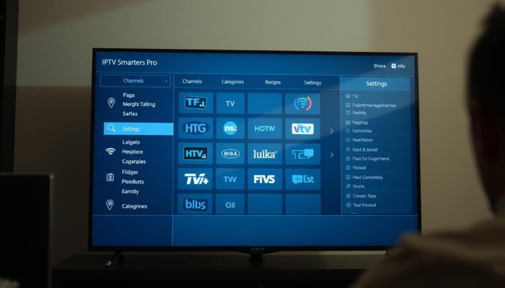 A sleek, modern user interface with intuitive navigation for the IPTV Smarters Pro application. Showcasing a clean grid layout of channels, categories, and settings options. The display has a crisp, high-definition resolution with a subtle blue and grey color scheme, creating a professional and polished aesthetic. The UI is highlighted under soft, diffused lighting, casting gentle shadows and highlights to accentuate the various interactive elements. The scene is captured from a slightly elevated angle, providing an overview of the application's key features and functionality.