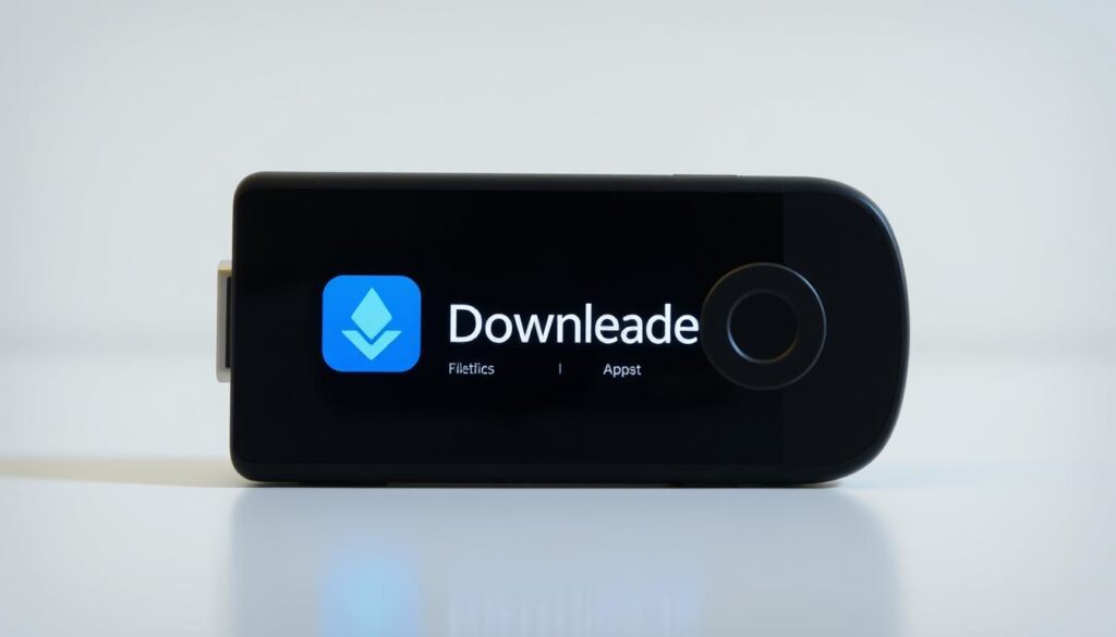 A well-lit close-up view of a modern-looking Android TV device, presumably a Firestick, with the screen displaying the user interface of a popular download manager app. The app's icon and name "Downloader" should be prominently featured, conveying the tool's purpose and functionality. The scene should have a clean, minimalist aesthetic, with a soft, diffused lighting that highlights the device's sleek design and the app's intuitive interface. The background should be a neutral, slightly blurred setting, allowing the Firestick and the app to be the focal point of the image.