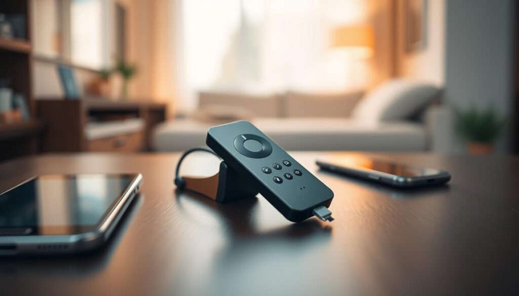 A well-lit, high-quality photograph of a FireStick device mounted on a dark wooden surface, with a smartphone or tablet nearby. The FireStick is in the foreground, showcasing its sleek design and various ports. The background features a blurred, warm-toned interior, suggesting a cozy home environment. The scene conveys a sense of effortless connectivity and technology integration, reflecting the process of setting up a smart IPTV system on a FireStick. The image should have a clean, minimal aesthetic that complements the article's subject and section title.