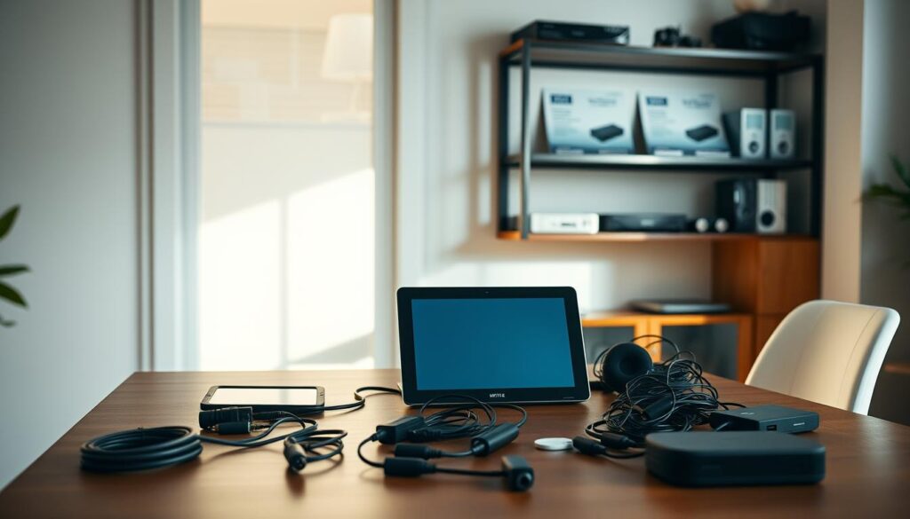 A well-organized home office setup with a laptop, tablet, and various cables and adapters neatly arranged on a wooden desk. Soft, directional lighting casts gentle shadows, creating a cozy and focused atmosphere. The desk is positioned in front of a large window, allowing natural light to fill the space. On the wall behind the desk, there are shelves displaying various networking devices and manuals, hinting at the technical nature of the task at hand. The overall scene conveys a sense of preparation and attention to detail before embarking on an IPTV installation process.