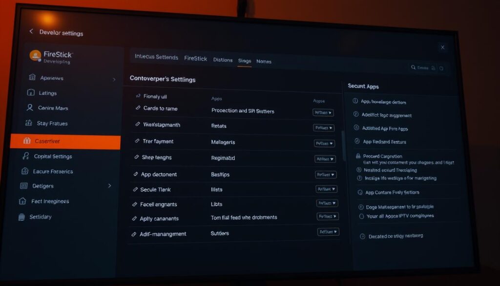 Detailed FireStick developer settings interface with various configuration options and security controls. Wide-angle shot of the FireStick dashboard, featuring a minimalist UI with easy-to-navigate menus. Warm, subdued lighting illuminates the screen, creating a professional, technical atmosphere. The image should convey a sense of control and customization, highlighting the depth of FireStick's developer-oriented features. Emphasis on the security settings, network and app management tools, to align with the article's focus on secure IPTV installation.